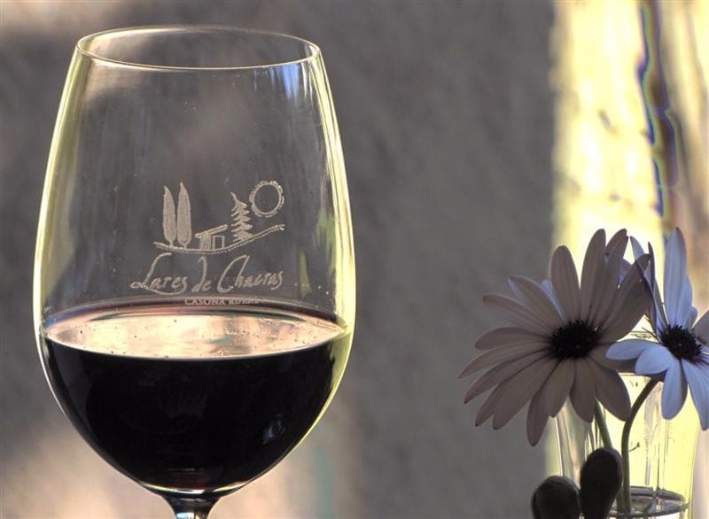 Copa de vino tinto con el logo de Lares de Chacras